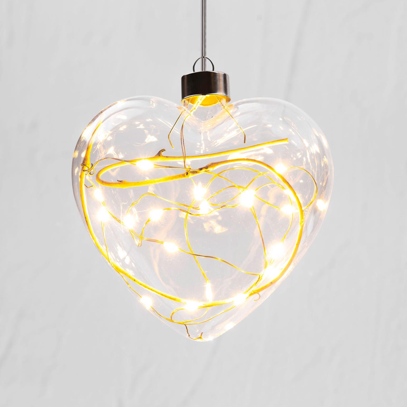 Stellar Haus Clear Small Winter Heart Hanging Glass Copper Warm White 12cm